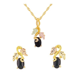 Fancy Onyx Foliage - Black Hills Gold Earrings & Pendant Set