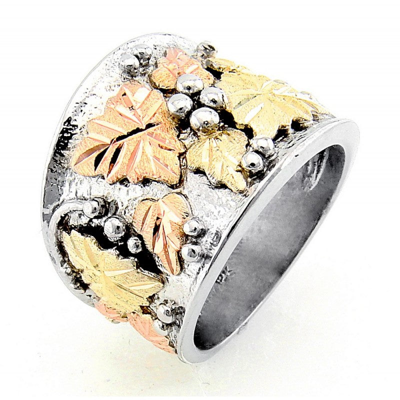 Wide Foliage - Sterling Silver Black Hills Gold Mens Ring