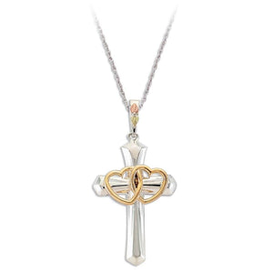 Sterling Silver Black Hills Gold Two Heart Cross Pendant - Jewelry