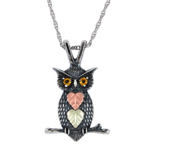 Stately Owl - Sterling Silver Black Hills Gold Pendant