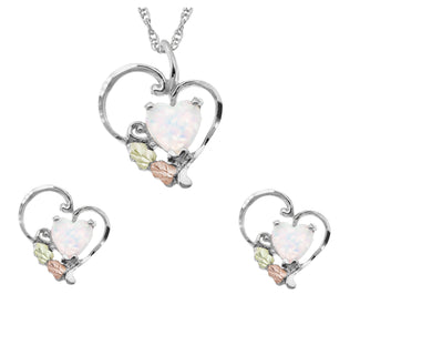 Opal Heart - Silver Black Hills Gold Earrings & Pendant Set
