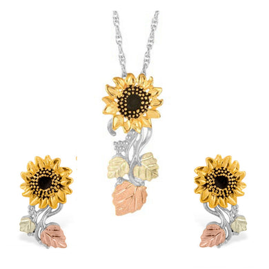 Two Tone Sunflower Black Hills Gold Earrings & Pendant Set