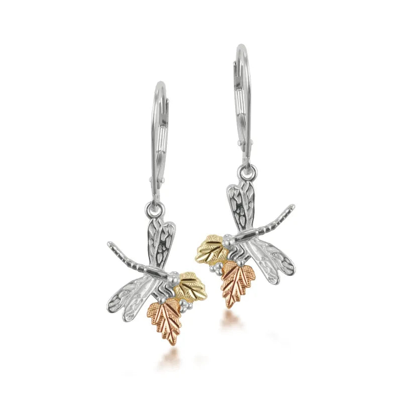 Playful Dragonfly - Sterling Silver Black Hills Gold Earrings