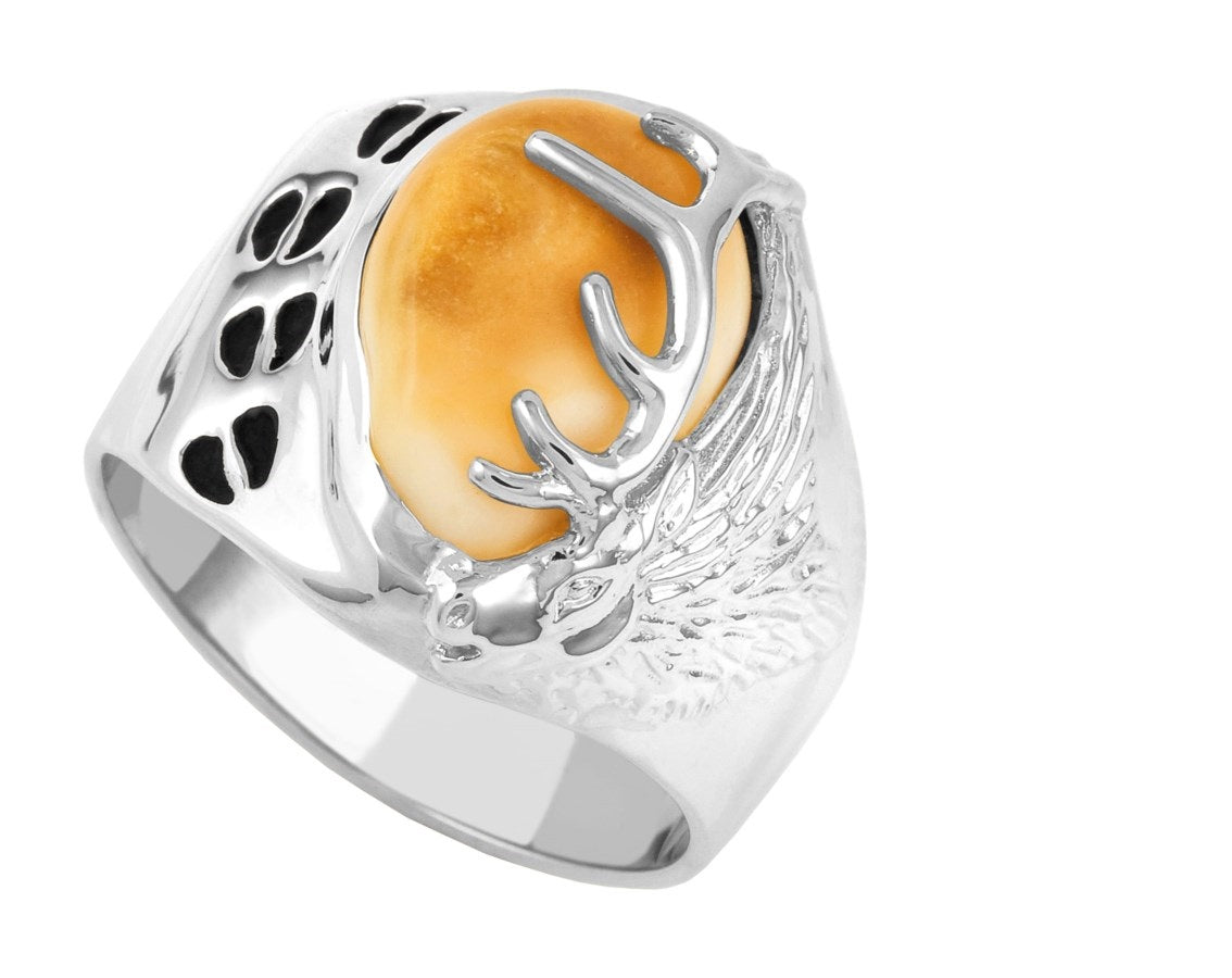 Tracker - Sterling Silver Elk Ivory Mens Ring