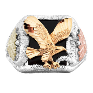 Men's Sterling Silver Black Hills Gold Onyx Eagle Ring V