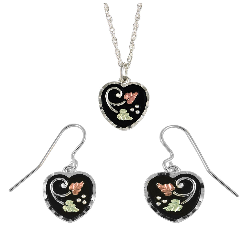 Sterling on Black Hills Gold Antiqued Hearts Earrings & Pendant Set - Jewelry