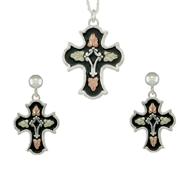 Sterling on Black Hills Gold Antiqued Crosses Earrings & Pendant Set - Jewelry