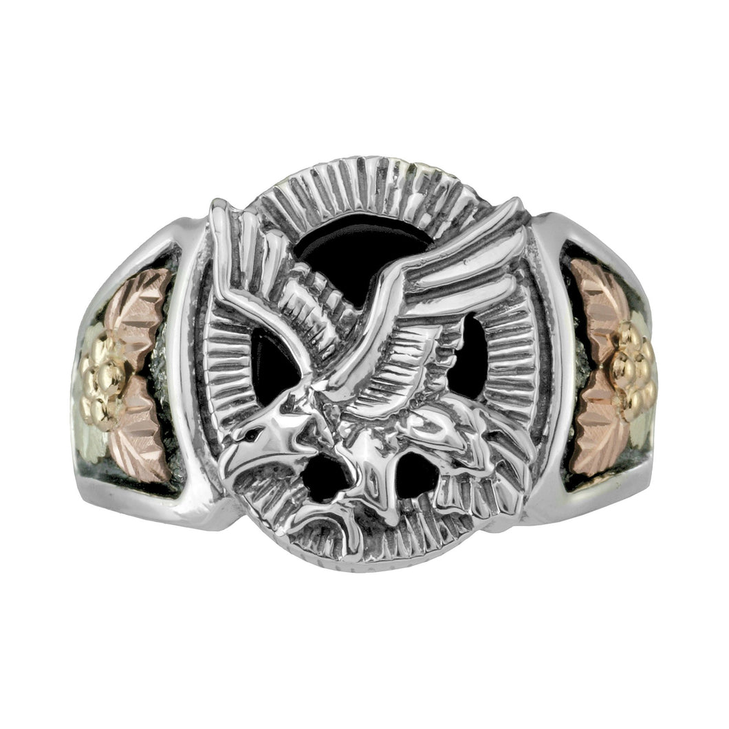 Mens Sterling Silver Black Hills Gold Onyx Eagle Ring II - Jewelry