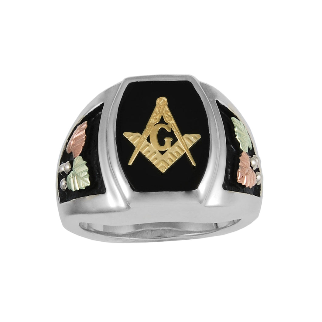 Mens Sterling Silver Black Hills Gold Rounded Masonic Ring - Jewelry