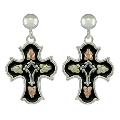 Sterling Silver Black Hills Gold Antiqued Cross Drop Earrings - Jewelry