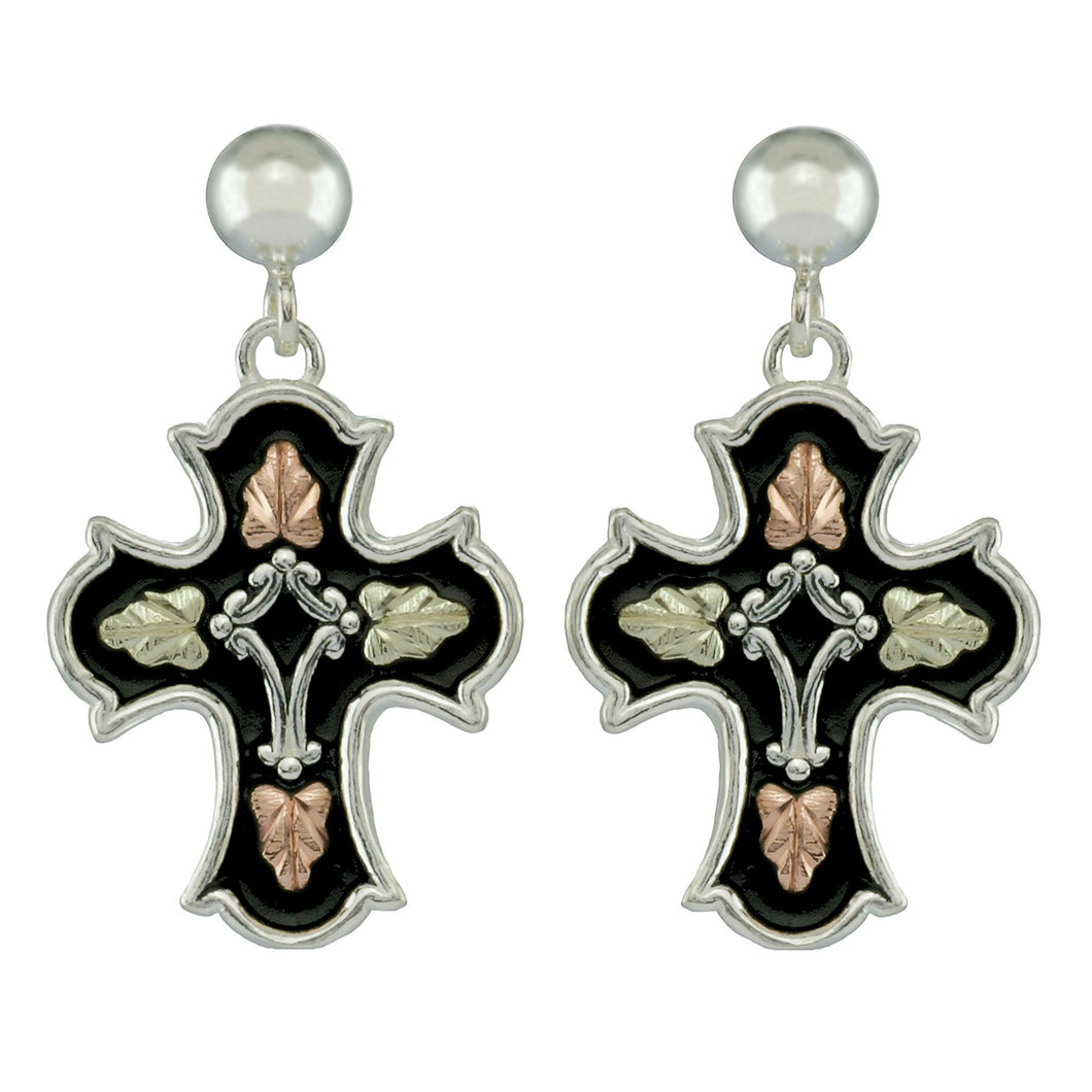 Sterling Silver Black Hills Gold Antiqued Cross Drop Earrings - Jewelry