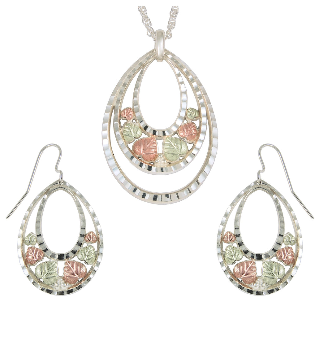 Sterling on Black Hills Gold Ovals Earrings & Pendant Set - Jewelry