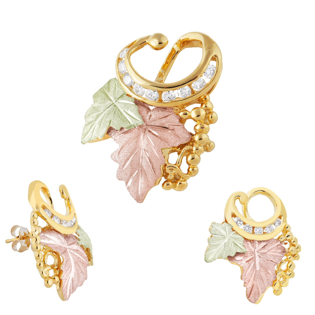 Black Hills Gold Diamond Foliage Earrings & Pendant Set - Jewelry