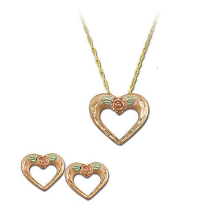 Black Hills Gold Rose Heart Earrings & Pendant Set