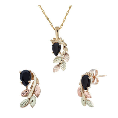 Black Hills Gold Pear Cut Onyx Earrings & Pendant Set