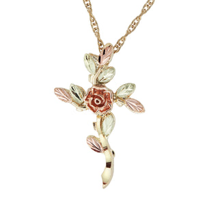 Rose Design Black Hills Gold Cross Pendant & Necklace - Jewelry
