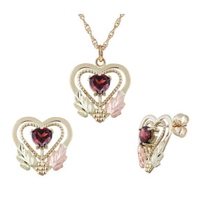 Black Hills Gold Garnet Heart Earrings & Pendant Set