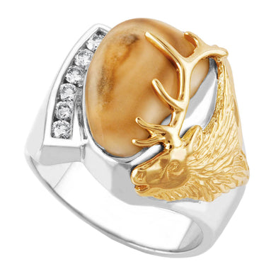 Granite Peak Elk Ivory & Diamond Two Tone Gold Mens Ring - Jewelry