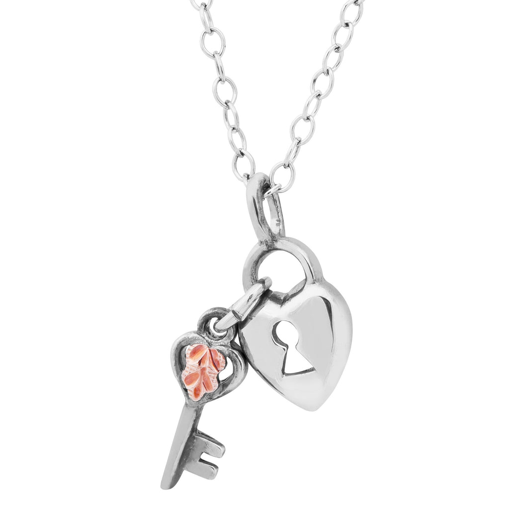 Sterling Silver Black Hills Gold Lock and Key Pendant & Necklace - Jewelry