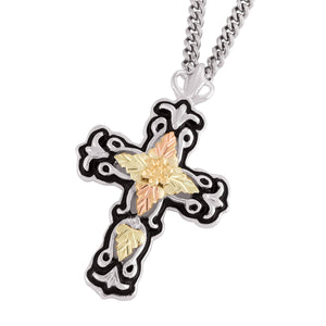 Sterling Silver Black Hills Gold Intricate Cross Pendant & Necklace - Jewelry