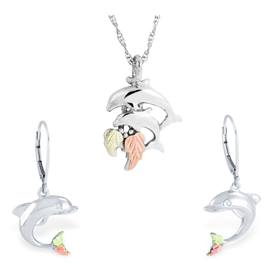 Sterling on Black Hills Gold Dolphins Earrings & Pendant Set - Jewelry