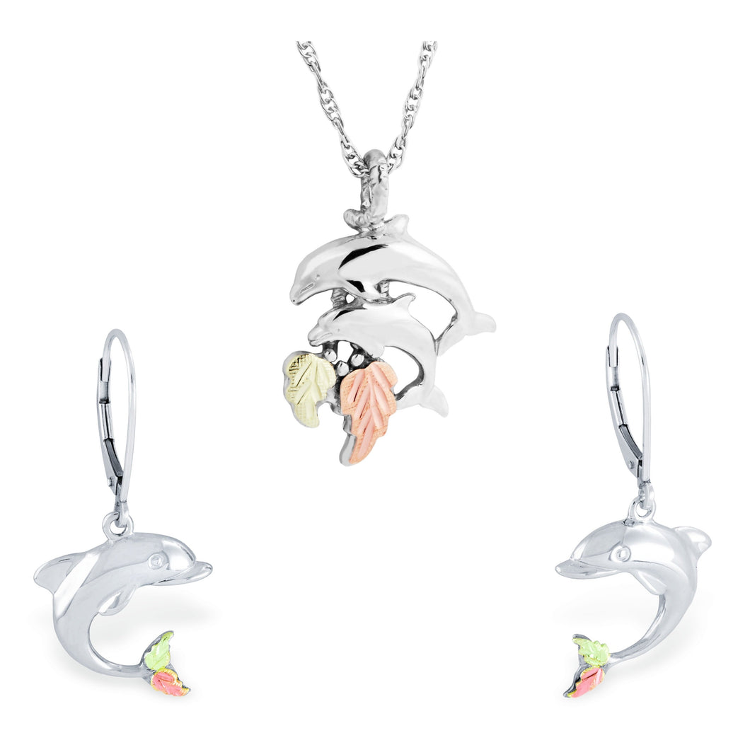 Sterling on Black Hills Gold Dolphins Earrings & Pendant Set - Jewelry