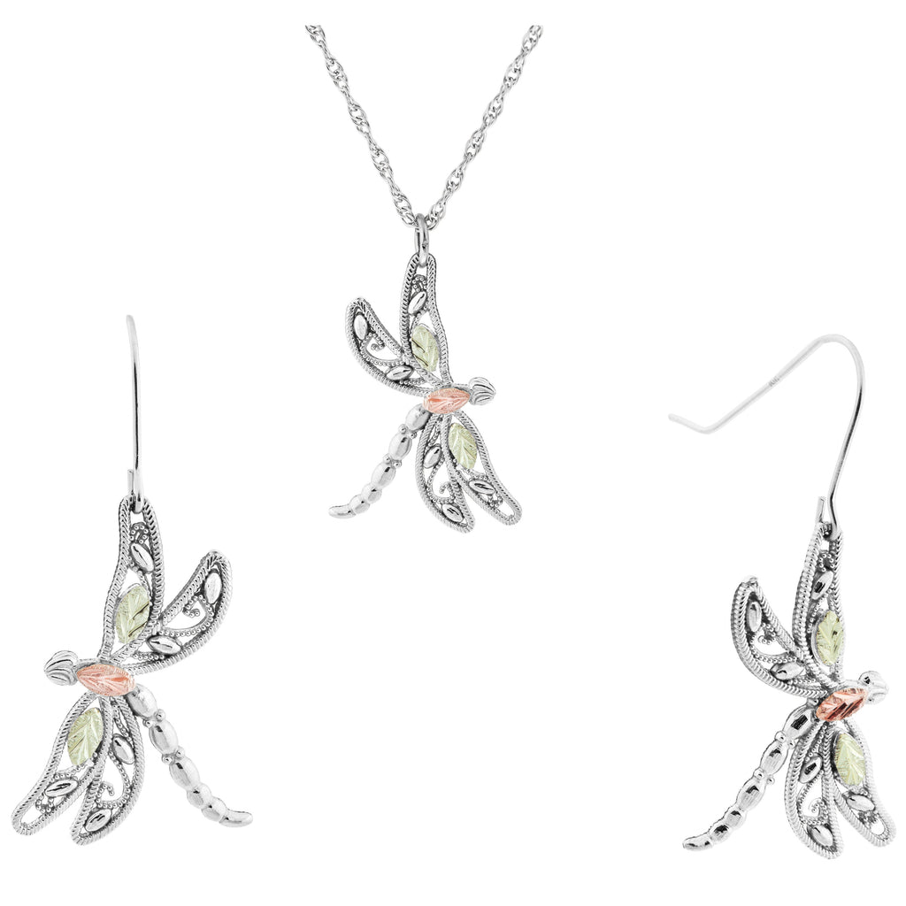 Dragonfly - Silver Black Hills Gold Earrings & Pendant Set – Fortune ...