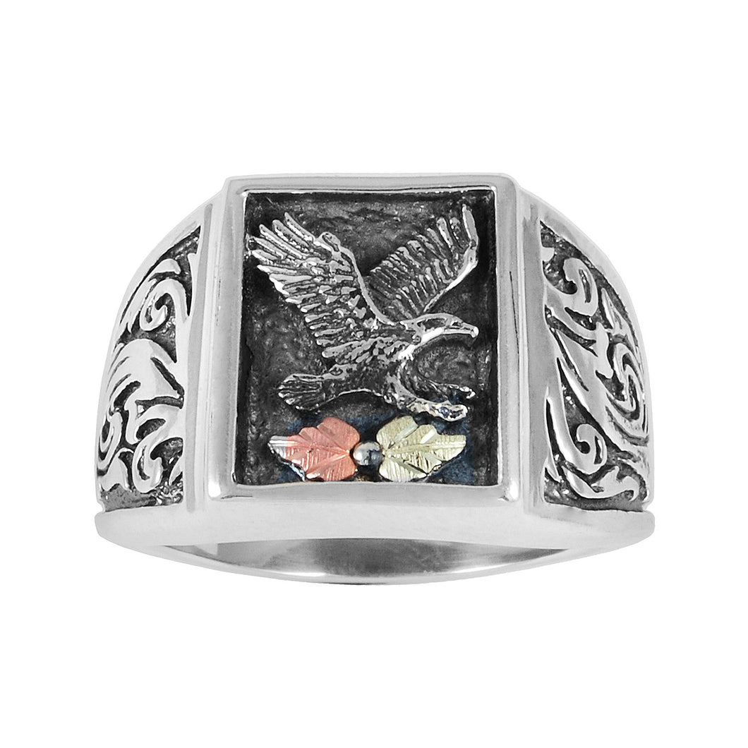 Mens Sterling Silver Black Hills Gold Oxidized Eagle Ring - Jewelry