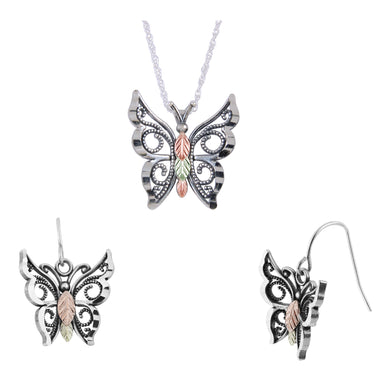 Sterling Silver Oxidized Butterfly Earrings & Pendant Set - Jewelry