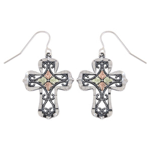Sterling Silver Black Hills Gold Oxidized Cross Earrings - Jewelry