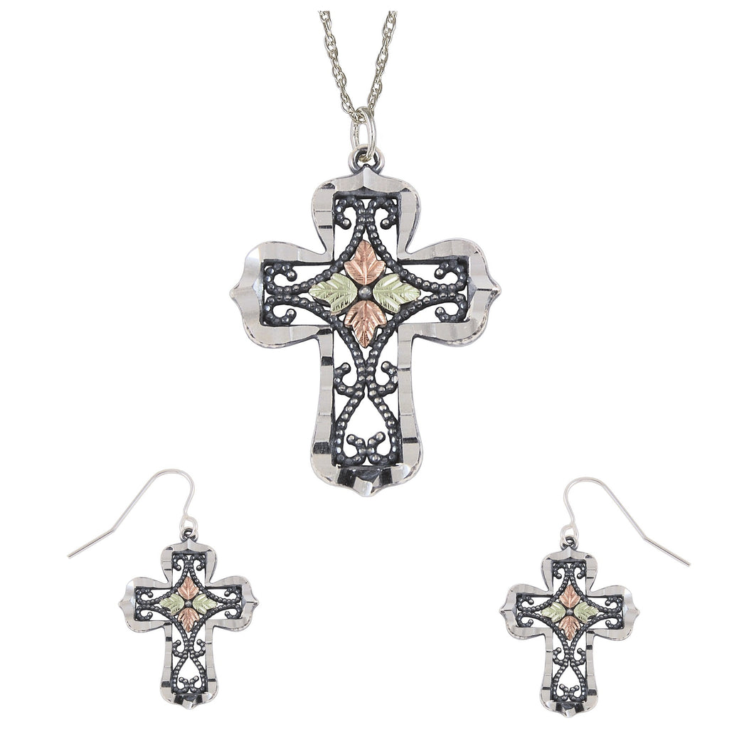 Sterling Silver Oxidized Cross Earrings & Pendant Set - Jewelry