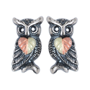 Sterling Silver Black Hills Gold Oxidized Owl Earrings - Jewelry