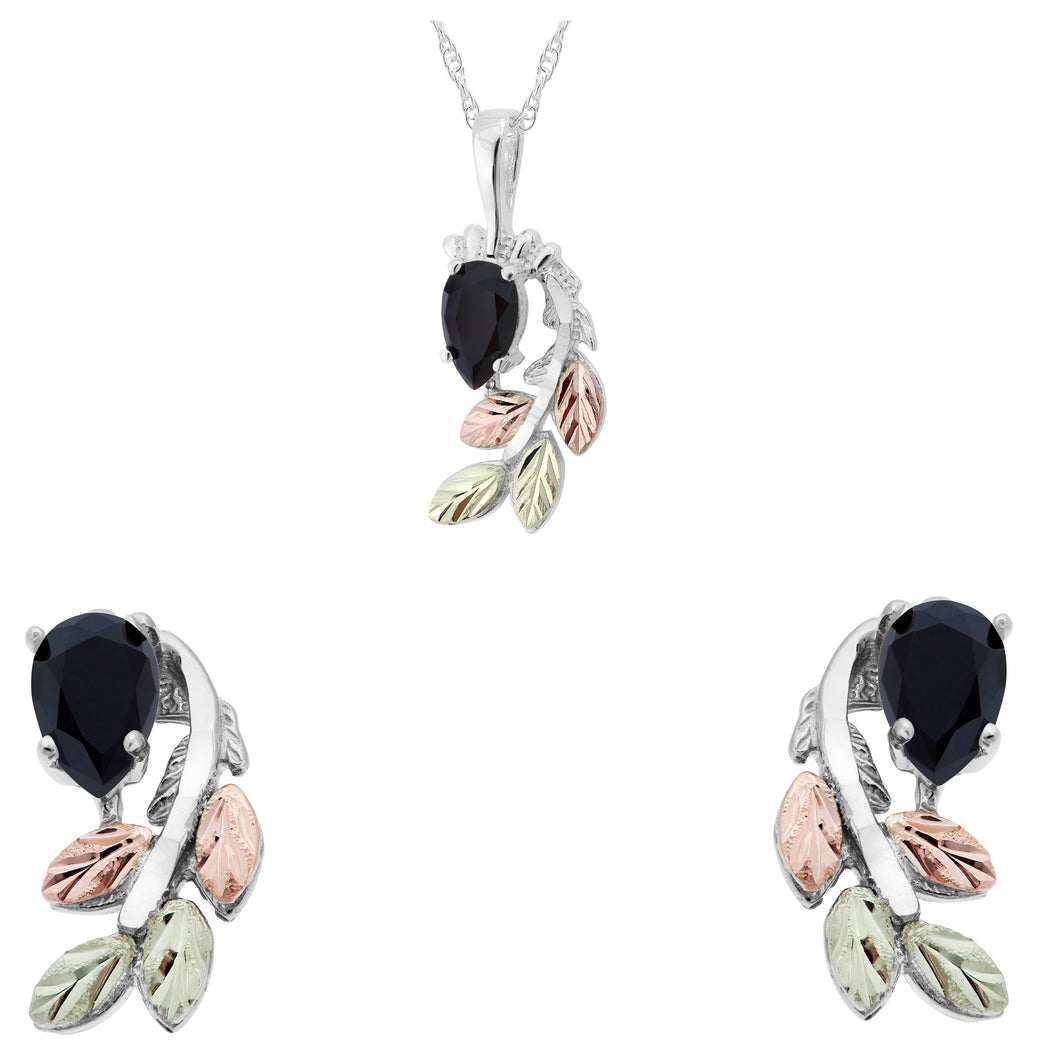 Sterling Silver Pear Cut Onyx Earrings & Pendant Set - Jewelry