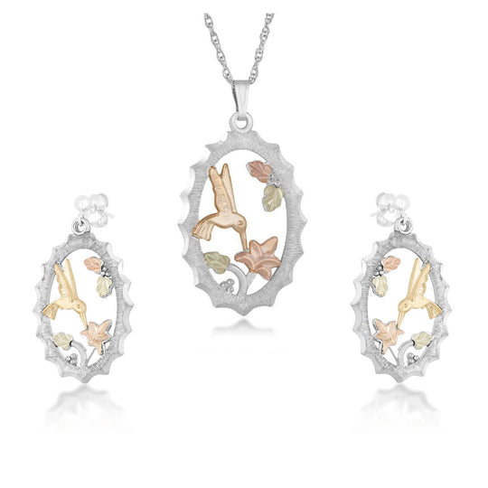 Sterling on Black Hills Gold Hummingbird Earrings & Pendant Set - Jewelry