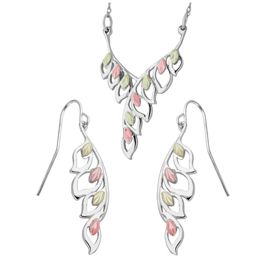 Sterling on Black Hills Gold Modern Foliage Earrings & Pendant Set - Jewelry
