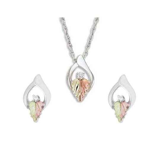 Sterling on Black Hills Gold Diamond Earrings & Pendant Set - Jewelry