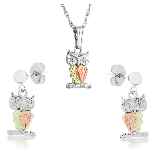Sterling on Black Hills Gold Owls Earrings & Pendant Set - Jewelry