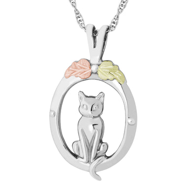 Sterling Silver Black Hills Gold Cat in Oval Pendant & Necklace - Jewelry
