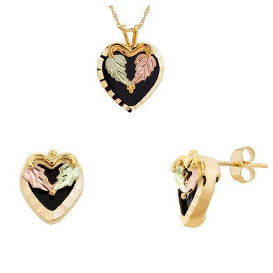 Black Hills Gold Onyx Hearts Earrings & Pendant Set