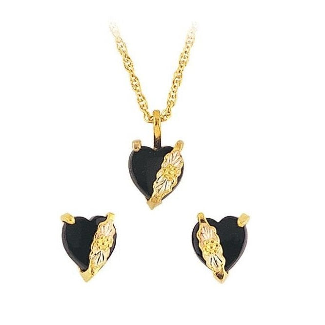 Black Hills Gold Onyx Hearts Earrings & Pendant Set II