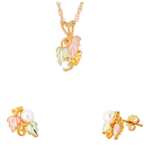 Black Hills Gold Foliage Pearl Earrings & Pendant Set