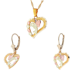 Black Hills Gold Hummingbird Heart Earrings & Pendant Set