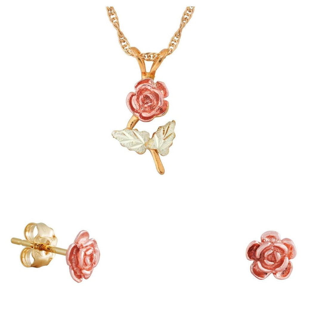 Black Hills Gold Simple Rose Earrings & Pendant Set