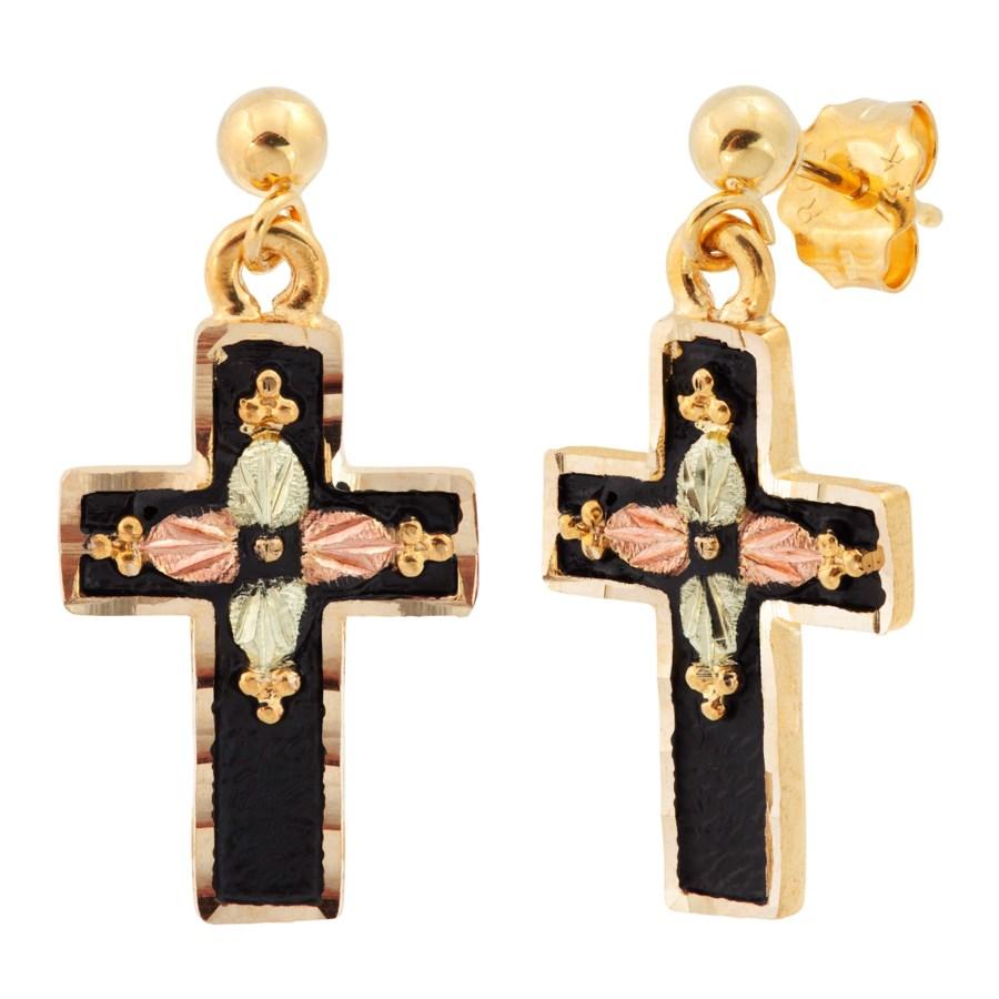 Fancy Enameled Crosses Black Hills Gold Earrings - Jewelry