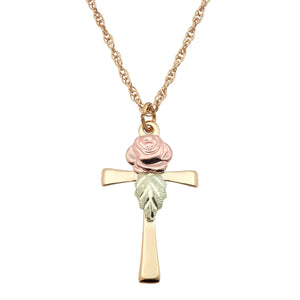 Rose on Cross Pendant & Necklace - Black Hills Gold