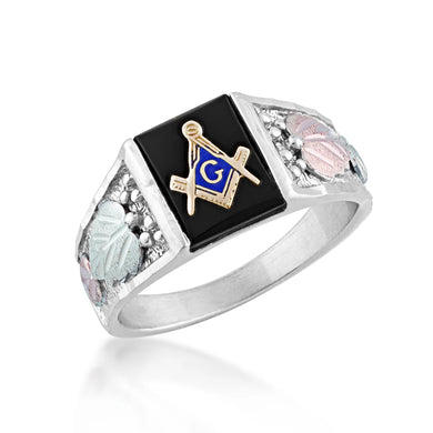 Men's Sterling Silver Black Hills Gold Masonic Onyx Ring