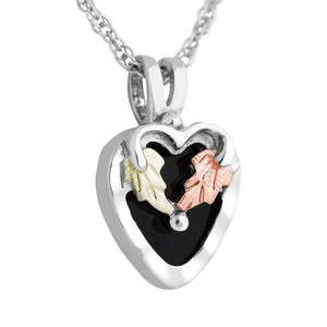 Sterling Silver Black Hills Gold Onyx Foliage Heart Pendant - Jewelry