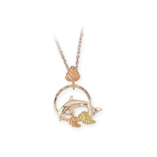 Sterling Silver Black Hills Gold Splashing Dolphin Pendant - Jewelry