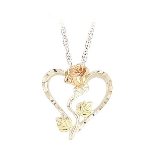 Sterling Silver Black Hills Gold Heart with Rose Pendant - Jewelry