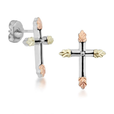 Lil Antiqued Cross - Sterling Silver Black Hills Gold Earrings